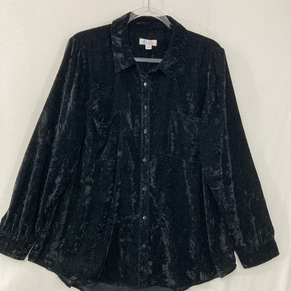 Denim & Co Button Up Shirt XL Black Crushed Velvet Long Sleeve Preppy Office